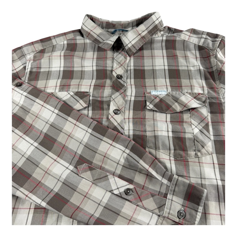 Columbia Omni-Wick Mens Large Brown Plaid Long Sleeve‎ Roll Tab Button Up Shirt